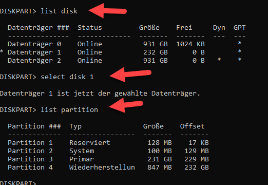 Alle Partitionen einer Festplatte auflisten
