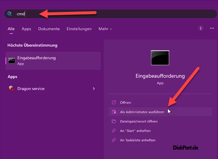 Eingabeaufforderung als Administrator oeffnen