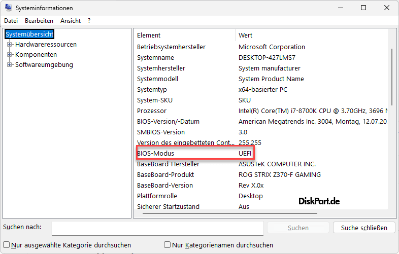 UEFI Unterstützung des Motherboards