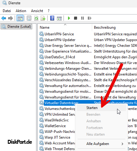 DiskPart Virtual Disk Service Error - Windows Dienst für virtuelle Datenträger neu starten gegen Fehlermeldungen.