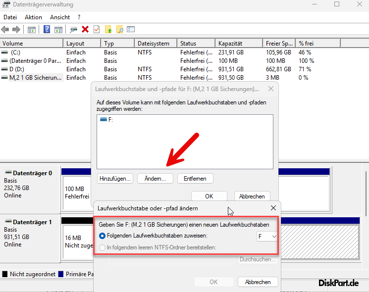 Windows Datenträgerverwaltung mit Laufwerksbuchstaben zuweisen