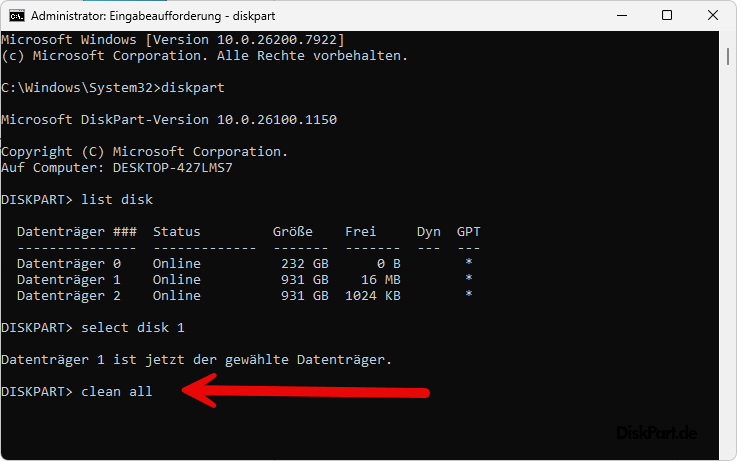 Eingabeaufforderung als Administrator ausführen für DiskPart
