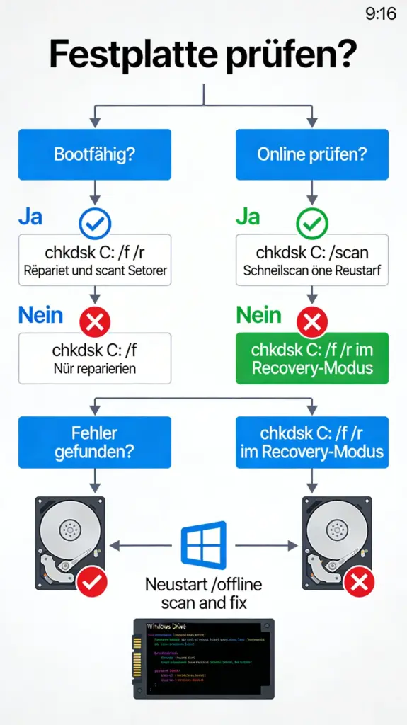  Infografik mit Entscheidungsbaum – Welchen CHKDSK-Befehl brauche ich?