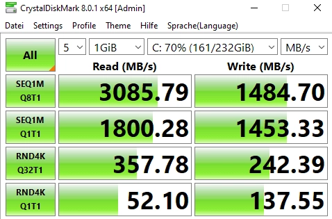 CrystalDiskMark SSD Geschwindigkeitstest nach dem Klonen von HDD auf SSD