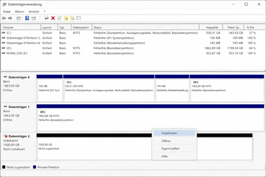 Datenträgerverwaltung mit neu eingebauter NVMe SSD im Status Nicht initialisiert – Rechtsklick Kontextmenü sichtbar