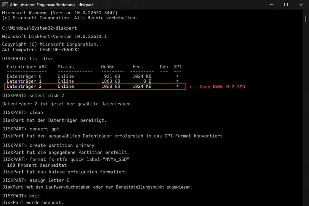 Eingabeaufforderung mit DiskPart Befehlen für NVMe SSD Einrichtung, Ausgabe von list disk mit sichtbarer neuer NVMe