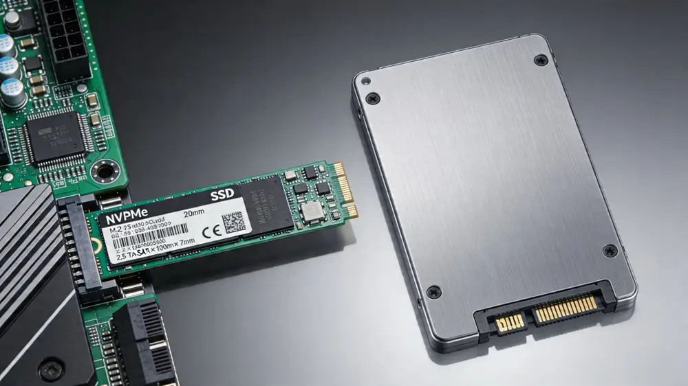 M.2 NVMe SSD im M.2 Slot eines Mainboards 2,5 Zoll SATA SSD zum Größenvergleich.png