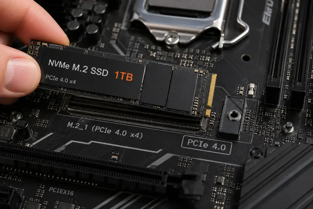 NVMe M.2 SSD wird in M.2 Slot auf einem Mainboard eingesteckt – Nahaufnahme mit sichtbarer PCIe Beschriftung