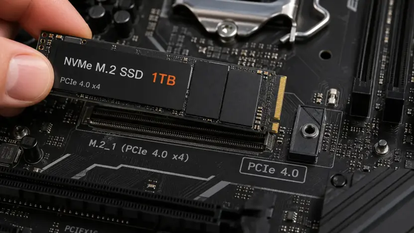 NVMe M.2 SSD wird in M.2 Slot auf einem Mainboard eingesteckt – Nahaufnahme mit sichtbarer PCIe Beschriftung