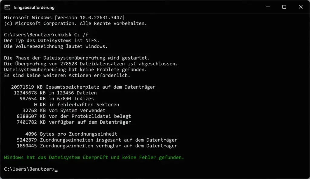 CHKDSK Ausgabe in CMD – Erfolgreiche Dateisystemprüfung auf Windows 11 ohne gefundene Fehler