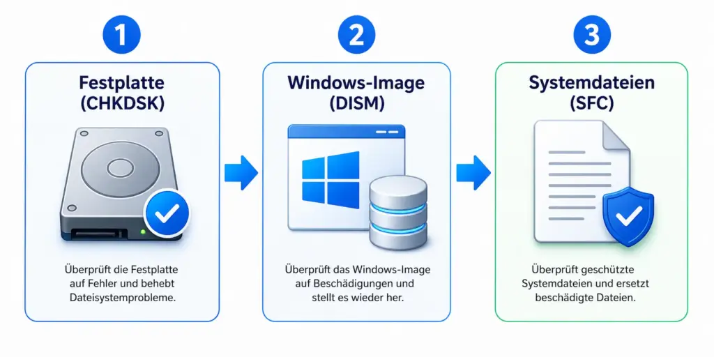 CHKDSK SFC DISM Reihenfolge – Schematische Darstellung der drei Reparaturebenen unter Windows 11