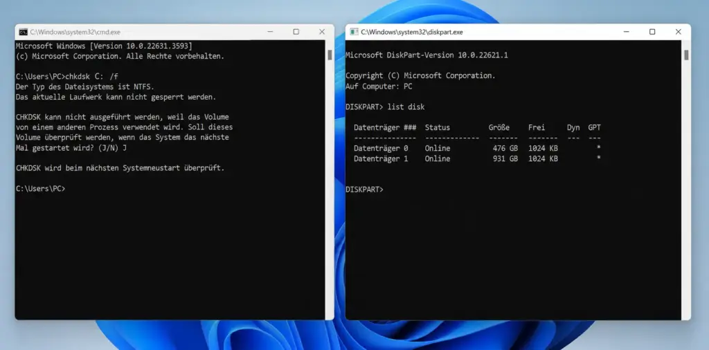 CHKDSK vs. DiskPart – Beide Kommandozeilen Tools nebeneinander in der Windows 11 Eingabeaufforderung