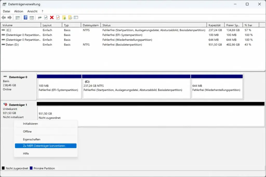 Datenträgerverwaltung mit Rechtsklick Menü und Option %22Zu MBR Datenträger konvertieren