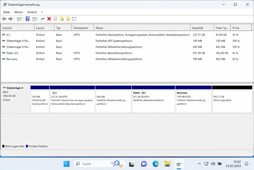 Datenträgerverwaltung mit freiem Bereich am Ende der Festplatte