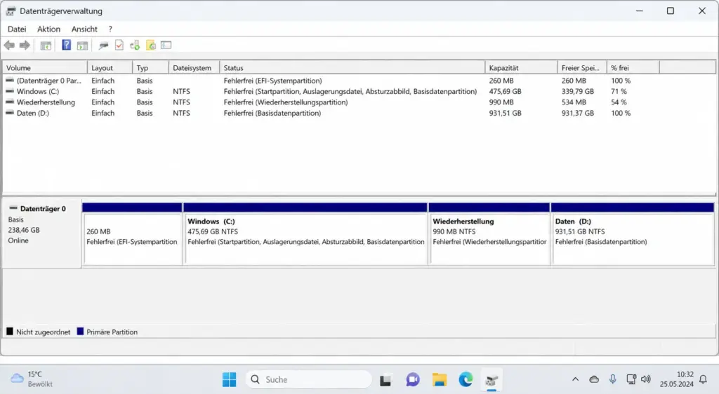 Datenträgerverwaltung mit mehreren Partitionen auf Disk 0