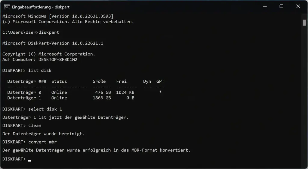 GPT zu MBR konvertieren DiskPart Eingabeaufforderung mit convert mbr Befehll