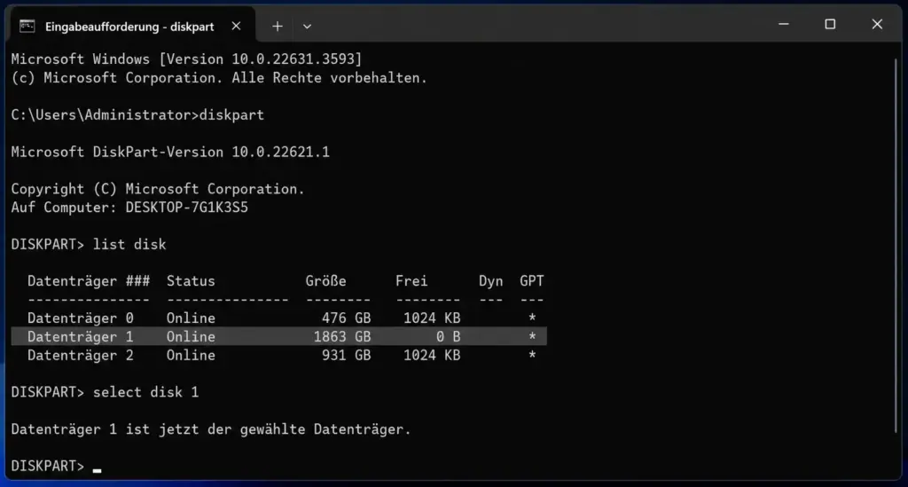 DiskPart interaktiver Modus – list disk Ausgabe zeigt alle angeschlossenen Datenträger in Windows 11