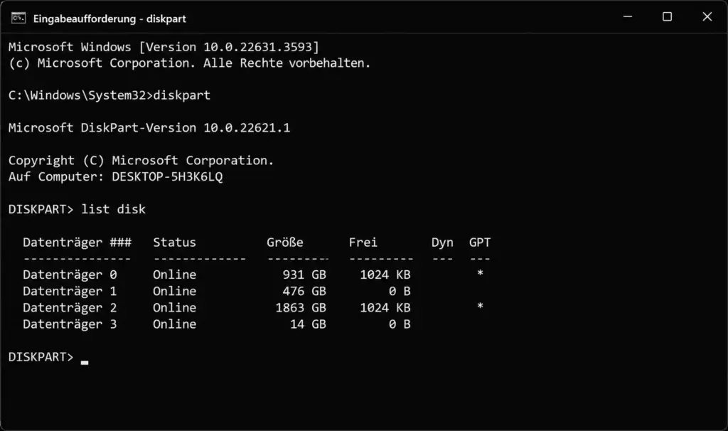 DiskPart list disk Ausgabe – GPT Festplatte mit Sternchen in der GPT Spalte identifizieren