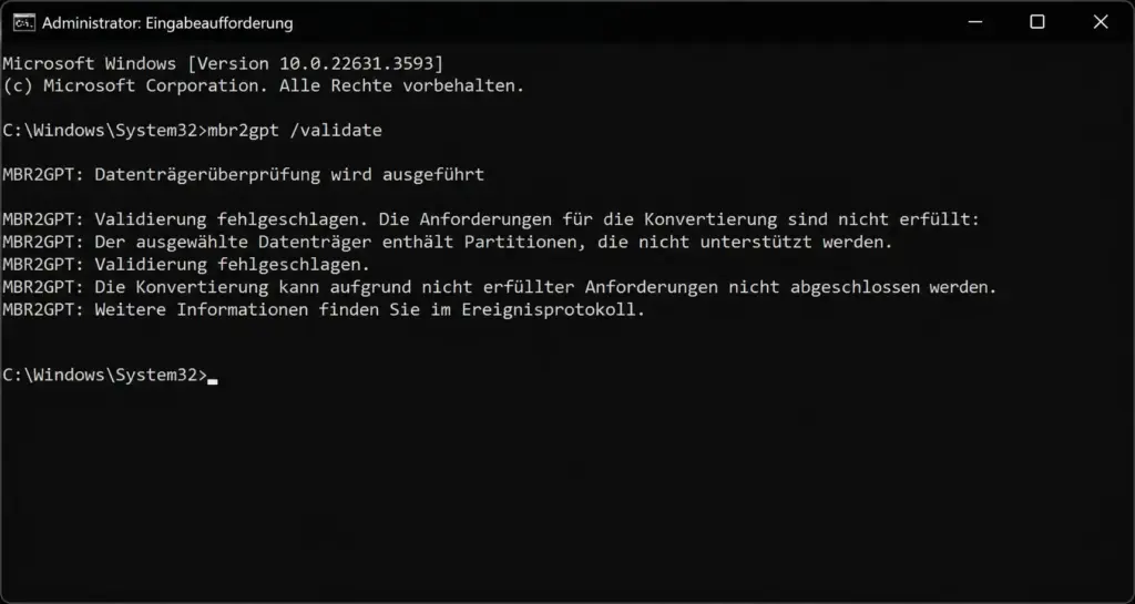 Eingabeaufforderung mit mbr2gpt validate Fehlermeldung