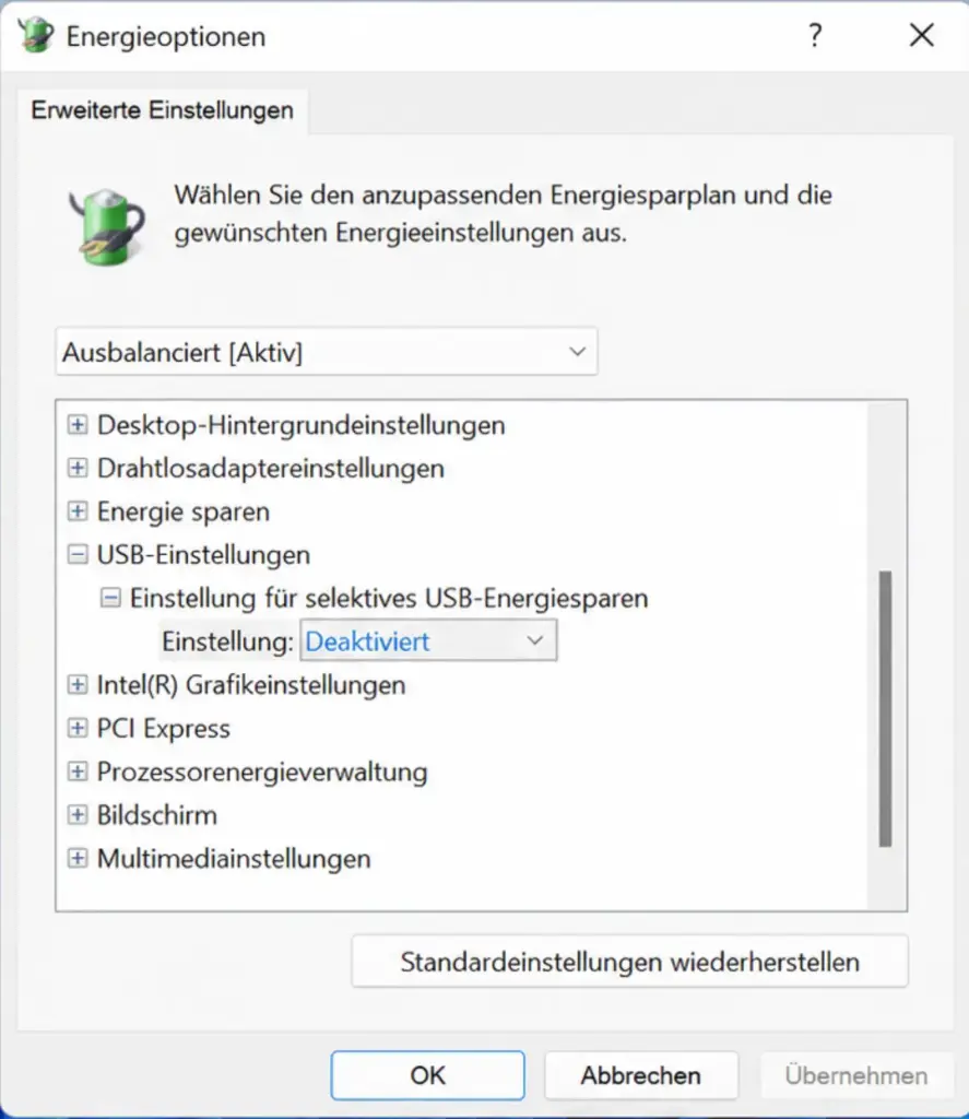 USB Energiesparoptionen Windows 11 deaktivieren – selektives USB Suspend ausschalten
