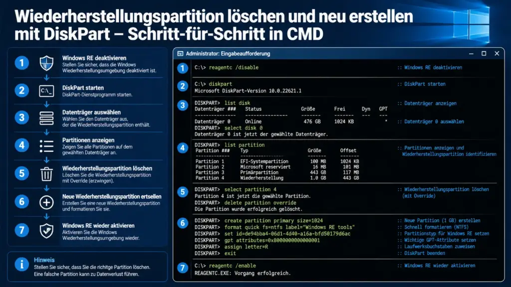 Wiederherstellungspartition löschen und neu erstellen mit DiskPart Schritt für Schritt in CMD