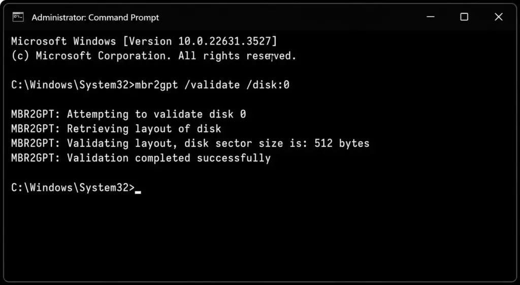 mbr2gpt validate mit erfolgreicher Validierung in CMD