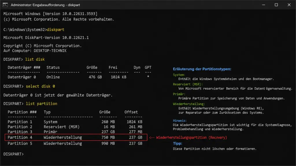 DiskPart list partition Ausgabe – Windows RE Partition reparieren Diagnose mit Partitionstyp Wiederherstellung