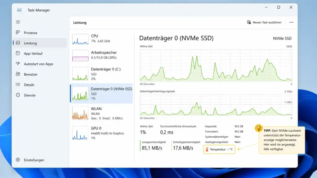 SSD langsam Windows 11 – 7 Ursachen und wie Sie sie beheben 5 NVMe SSD Temperatur messen Windows 11 Task Manager Leistung Datenträger