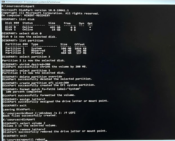 DiskPart Ausgabe von list partition mit markierter EFI Systempartition