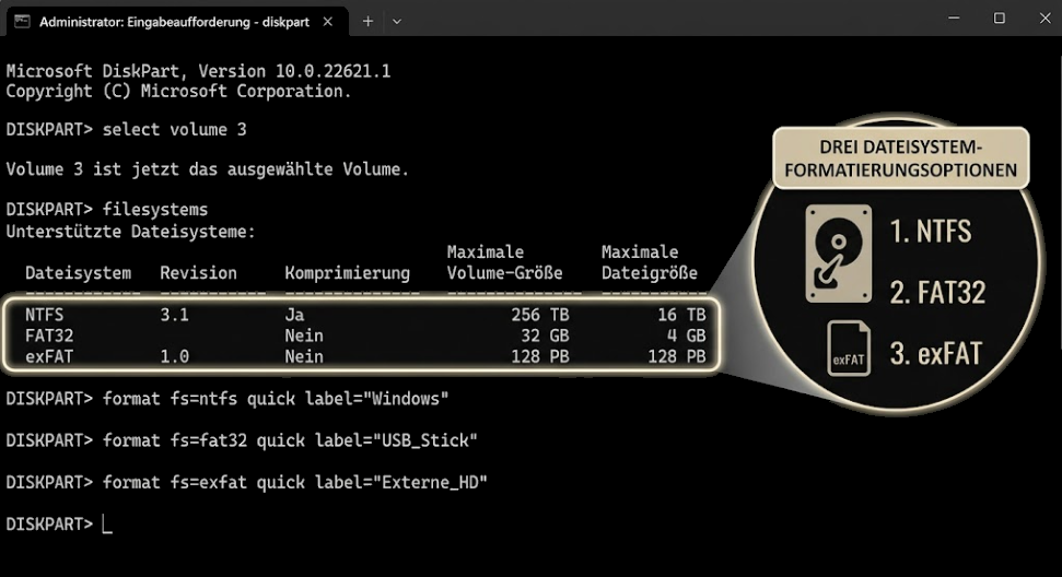 exFAT vs. NTFS vs. FAT32: Welches Dateisystem wofür? 3 DiskPart Befehlsfenster mit den drei Dateisystem Formatierungsoptionen