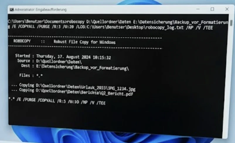 Robocopy Befehl in der Eingabeaufforderung zur Datensicherung vor der exFAT Formatierung