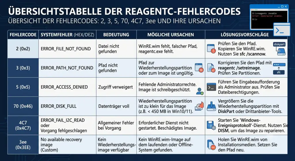 Übersichtstabelle der reagentc Fehlercodes 2, 3, 5, 70, 4C7 und 3ee mit Ursachen