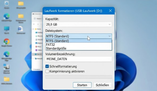 exFAT vs. NTFS vs. FAT32: Welches Dateisystem wofür? 2 Windows Formatierungsdialog mit den drei auswählbaren Dateisystemen NTFS, FAT32 und exFAT