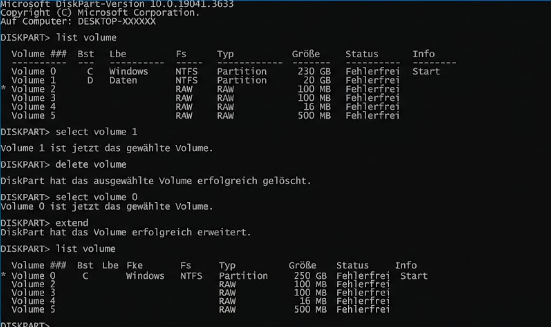 Partitionen zusammenführen unter Windows 11: Sicher vereinen mit DiskPart und Sicherung 3 DiskPart extend nach delete volume Partitionen zusammenführen C umfasst den Platz von D