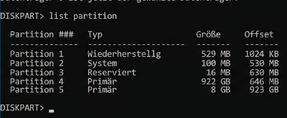 Partitionen zusammenführen unter Windows 11: Sicher vereinen mit DiskPart und Sicherung 2 Partitionen zusammenführen DiskPart list partition zeigt Reihenfolge und Offset der Partitionen