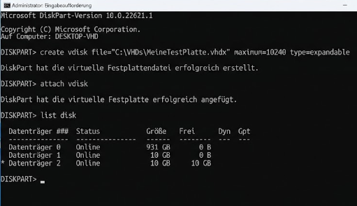 VHD erstellen unter Windows 11: Virtuelle Festplatte mit DiskPart anlegen und einbinden 2 VHD erstellen mit DiskPart attach vdisk zeigt die virtuelle Festplatte in list disk