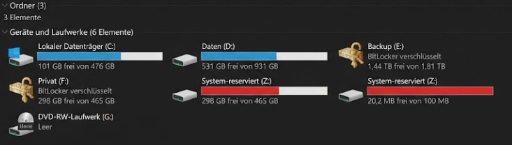 BitLocker Festplatte formatieren ohne Passwort – die DiskPart-Anleitung für jeden Fall 2 Windows Explorer zeigt gesperrtes und entsperrtes BitLocker Laufwerk am Schloss Symbol