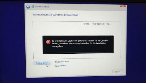 Windows Setup findet keine Festplatte, Intel RST/VMD-Treiber laden und Fehler beheben 2 Windows Setup Fenster mit der Meldung Es wurden keine Laufwerke gefunden