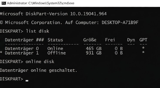 Datenträger ist offline: 5 Ursachen und wie Sie ihn wieder online schalten 3 DiskPart online disk schaltet den Datenträger wieder online